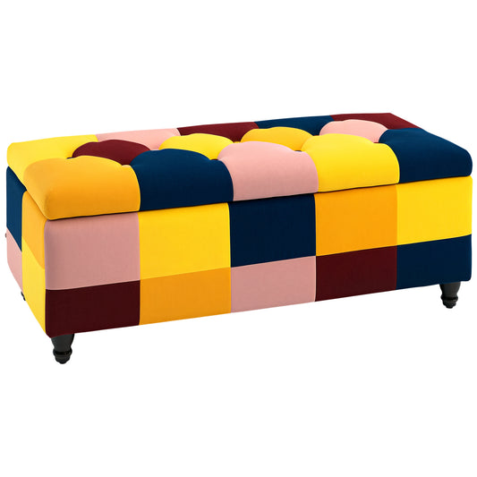 Multicoloured velvet ottoman bench with tufted lid and short black legs