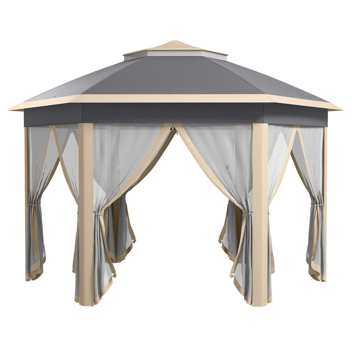 Hexagonal pop-up gazebo with double roof, khaki frame and sheer mesh curtains