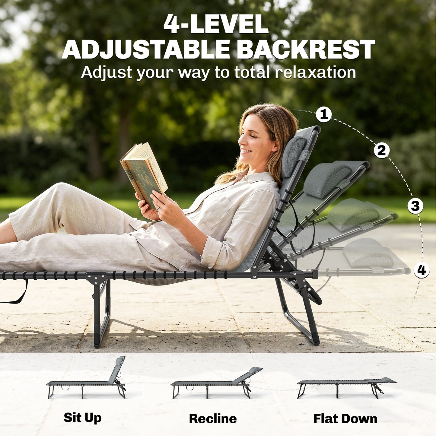 Outsunny Folding Sun Lounger, with Four-Position Back - Light Grey