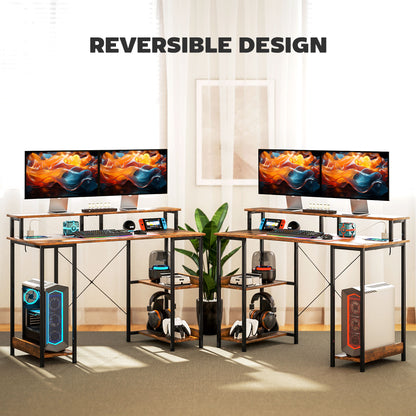 Reversible computer desk setup with raised monitor shelf and side storage