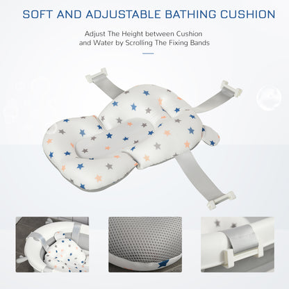 Star-print baby bathing cushion with adjustable gray straps and textured underside