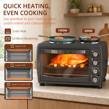 HOMCOM black countertop oven with two hot plates and roast chicken inside