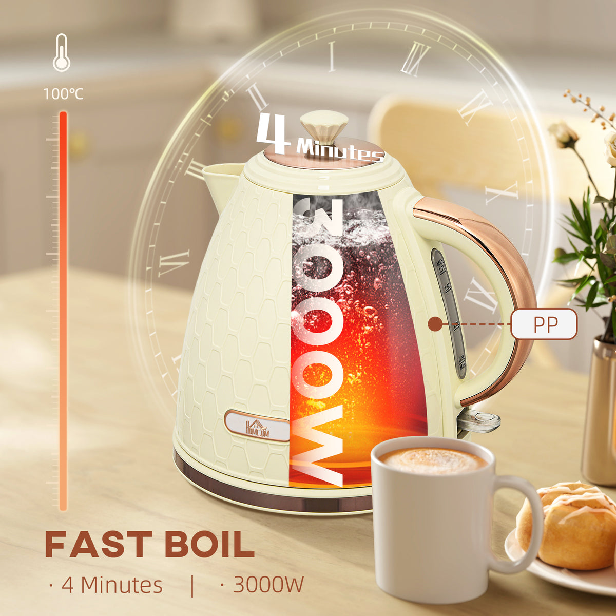 HOMCOM Electric Kettle, 1.7L, Fast Boil, 3000W Cordless Water Kettle with Removable Washable Anti-scale Filter, Beige