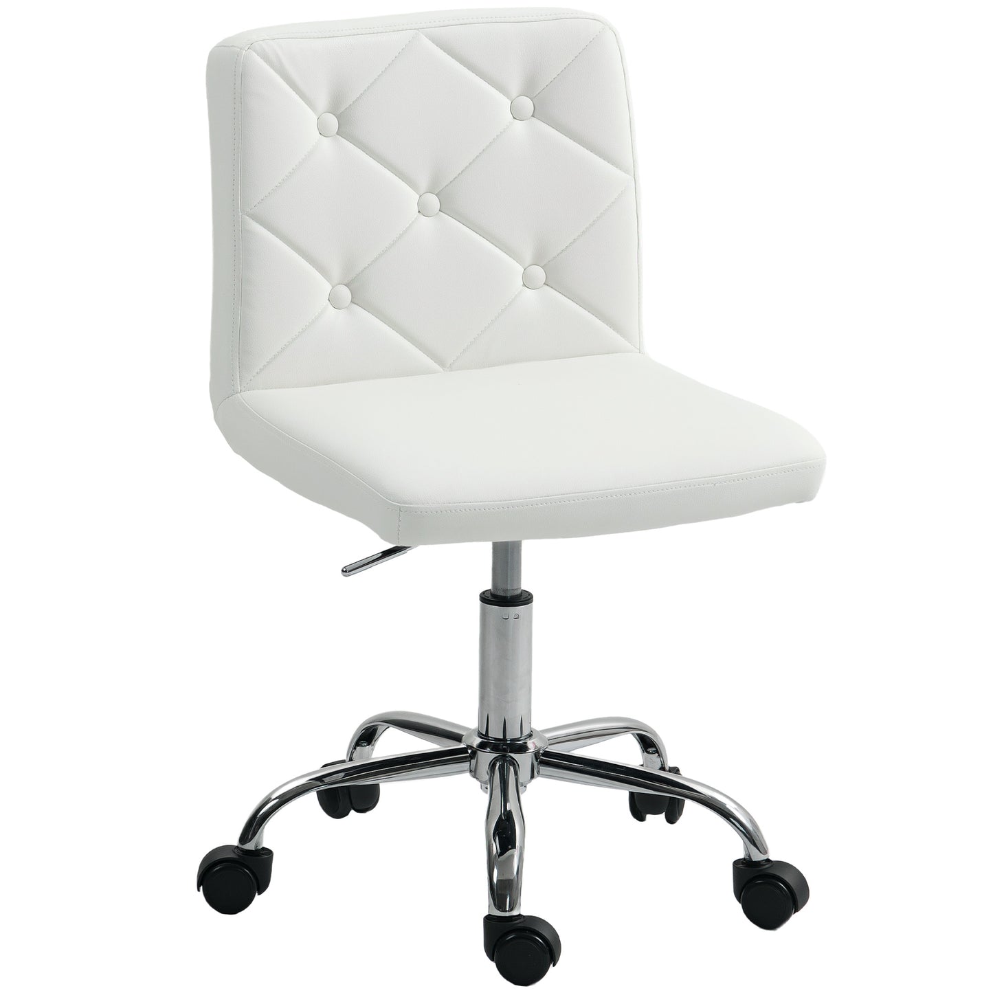 Photo of HOMCOM PU Leather Armless Office Chair, Modern Vanity Computer Swivel Chair with Rolling Wheels and Adjustable Height for Home Study, Bedroom, White in White colour on a white background