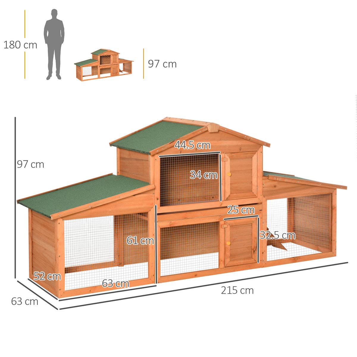 PawHut rabbit hutch and run with dimensions marked on the wooden structure