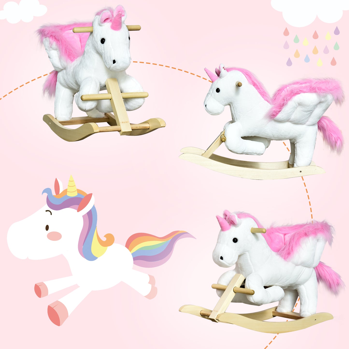 HOMCOM Kids Rocking Horse Toy, Plush Unicorn Rocker Seat with Wood Base and Music, for 1.5-3 Years