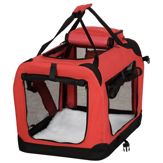 Photo of PawHut Foldable Pet Carrier for Small and Miniature Dogs, Portable Cat Carrier Soft Side Pet Travel Crate with Removable Mat, Storage Bags, Breathable Mesh Window 60 x 42 x 42cm - Red in Red colour on a white background