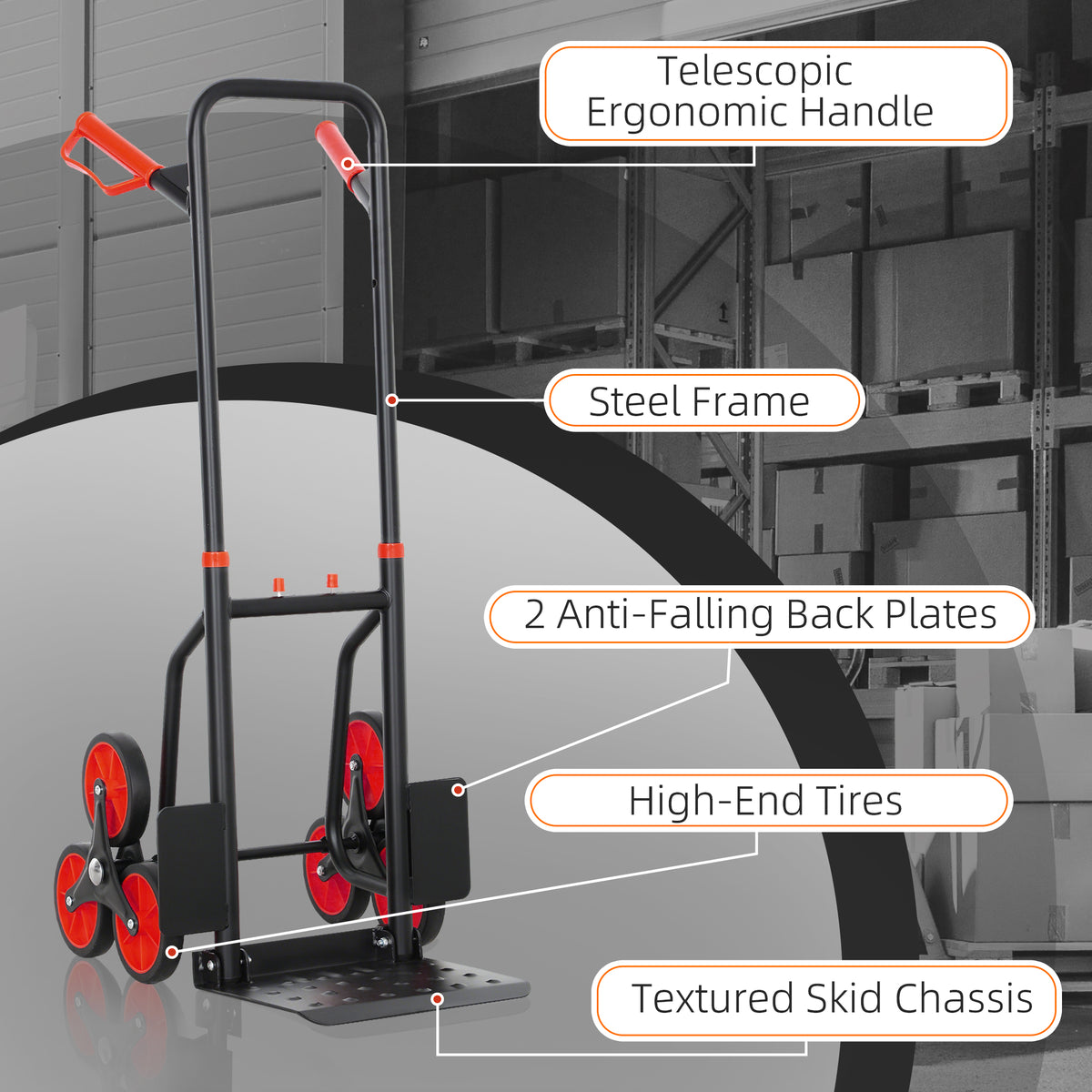 DURHAND hand truck with telescopic handle, steel frame, support plates, and textured toe plate