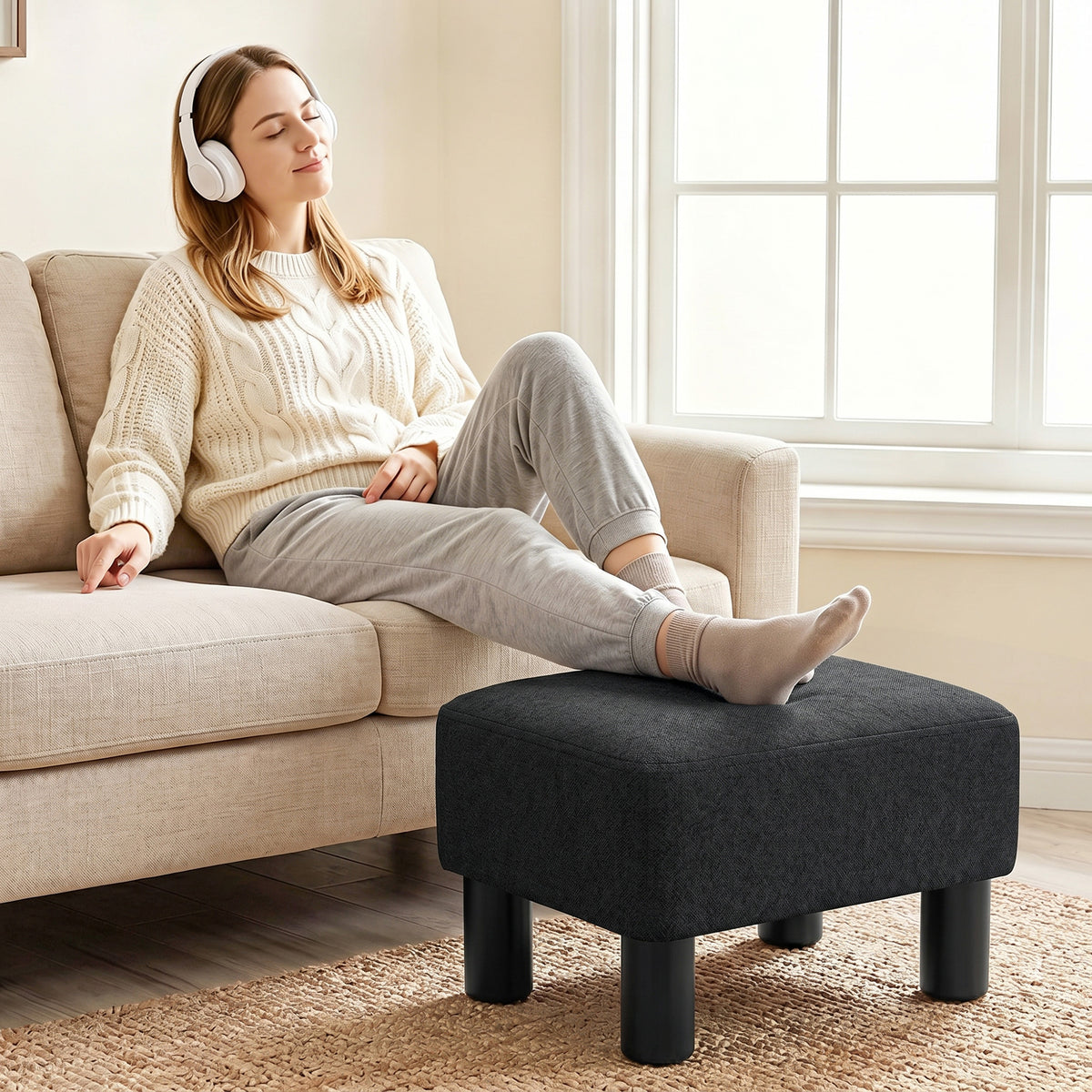 HOMCOM Linen Fabric Footstool Ottoman Cube with 4 Plastic Legs, Black