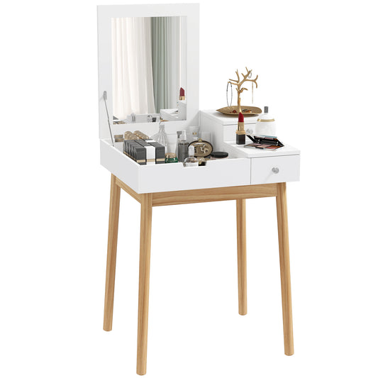 White vanity table with raised mirror, two drawers, and tapered pine legs