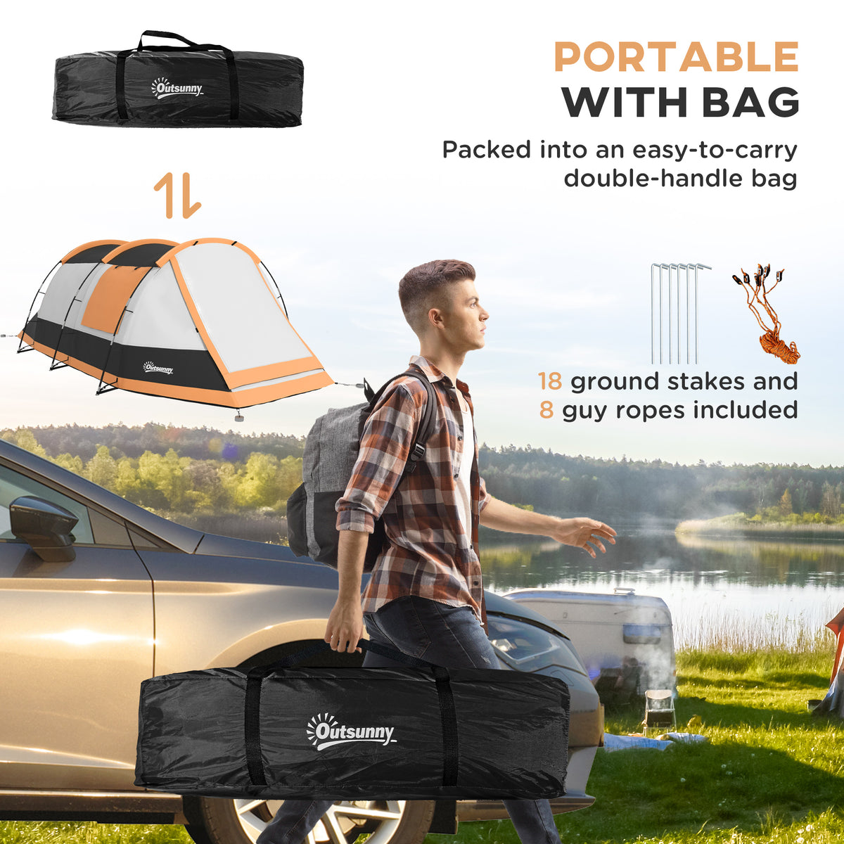 Outsunny 2 Man Camping Tent, with Two Rooms and Porch - Orange