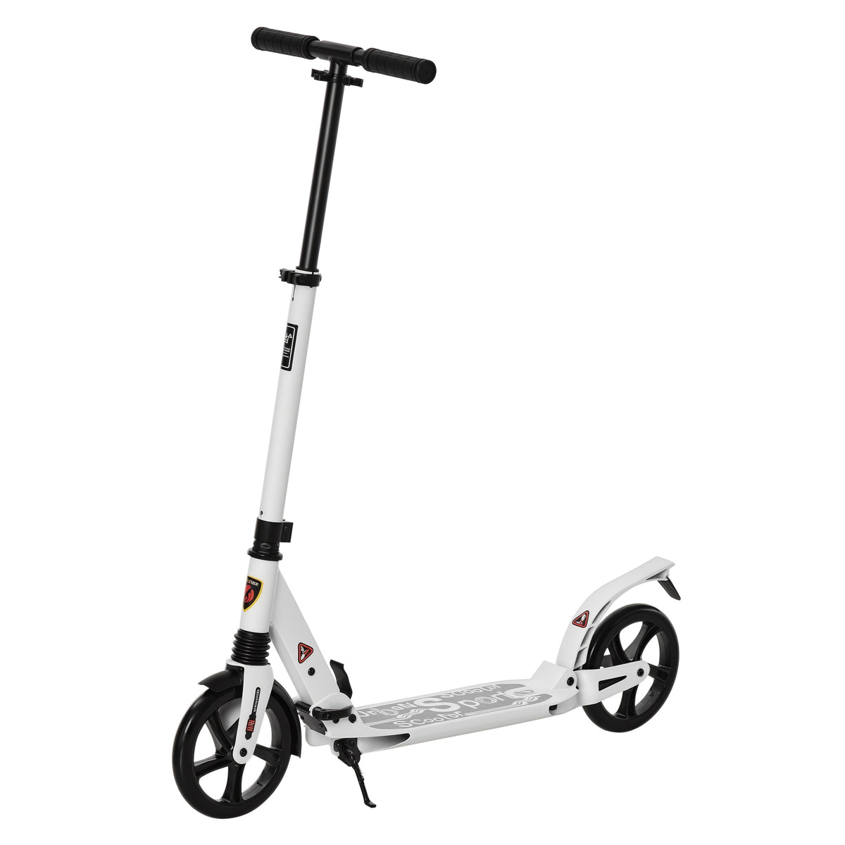HOMCOM white kick scooter with adjustable handlebar, kickstand, and large black wheels