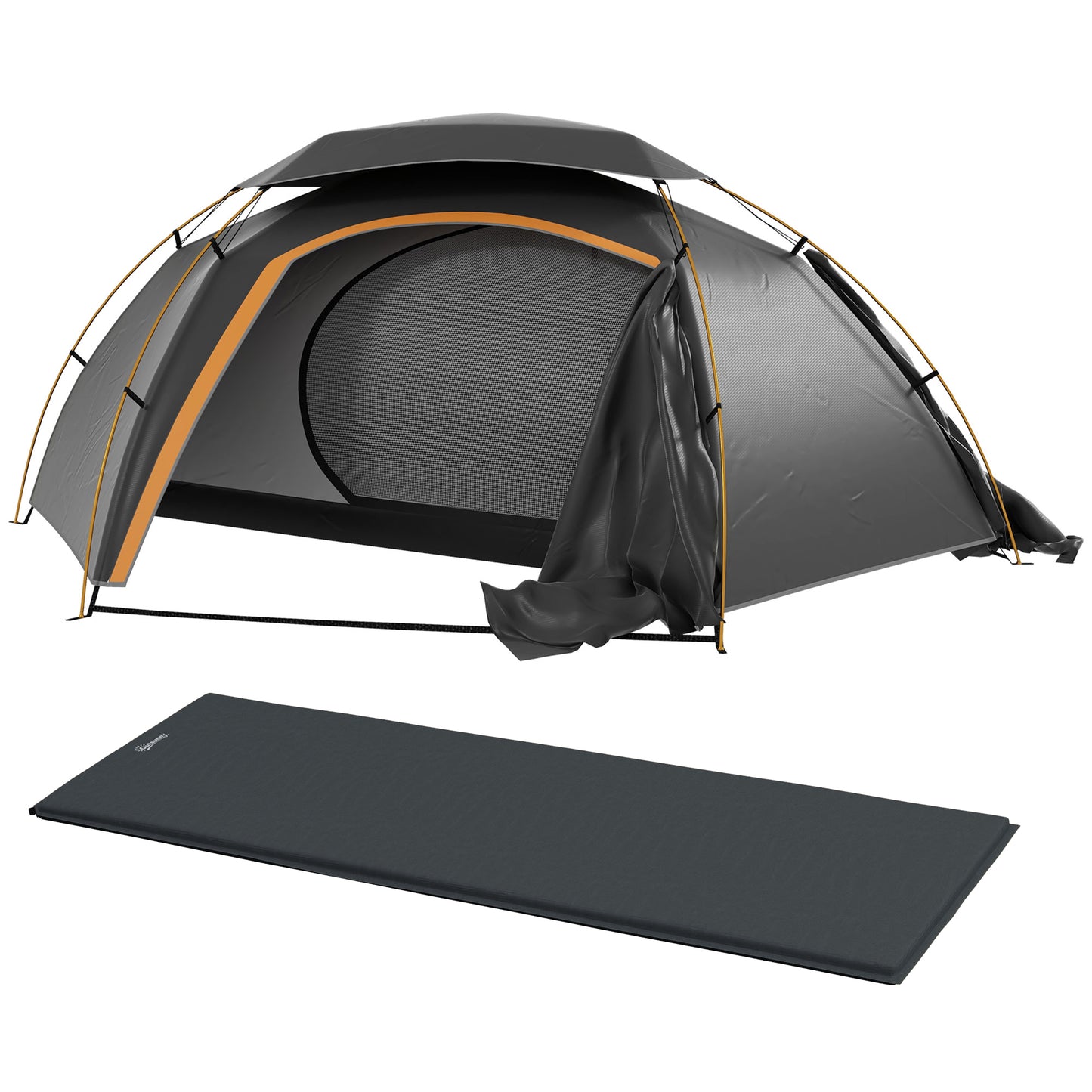 Photo of Outsunny Camping Tent with Self Inflatable Mattress, 1 Person Dome Tent with Removable Rainfly and Aluminium Frame, 2000mm Waterproof, Portable with Bags, for Fishing Hiking, Dark Grey/Grey in Grey/Grey colour on a white background