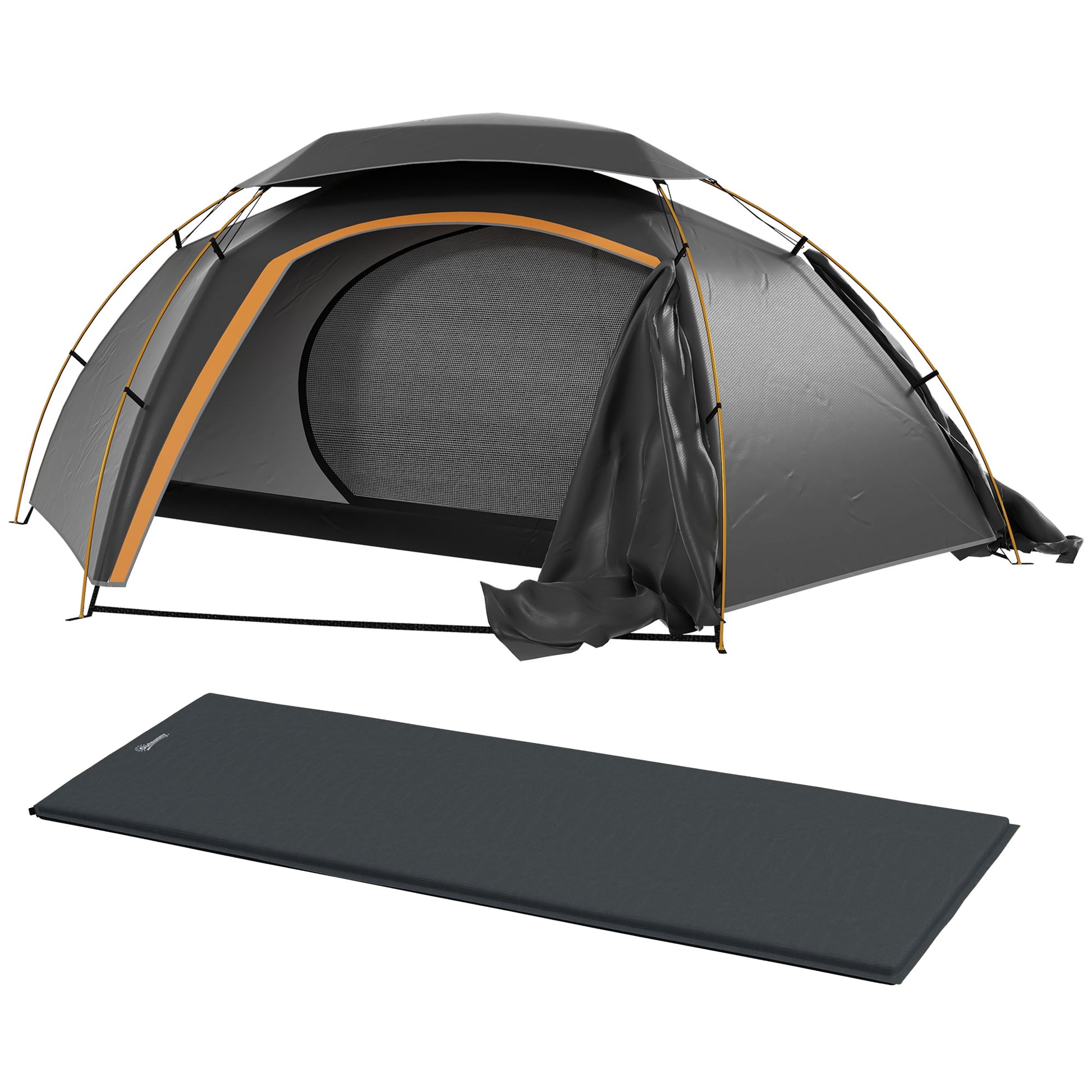 Photo of Outsunny Camping Tent with Self Inflatable Mattress, 1 Person Dome Tent with Removable Rainfly and Aluminium Frame, 2000mm Waterproof, Portable with Bags, for Fishing Hiking, Dark Grey/Grey in Grey/Grey colour on a white background