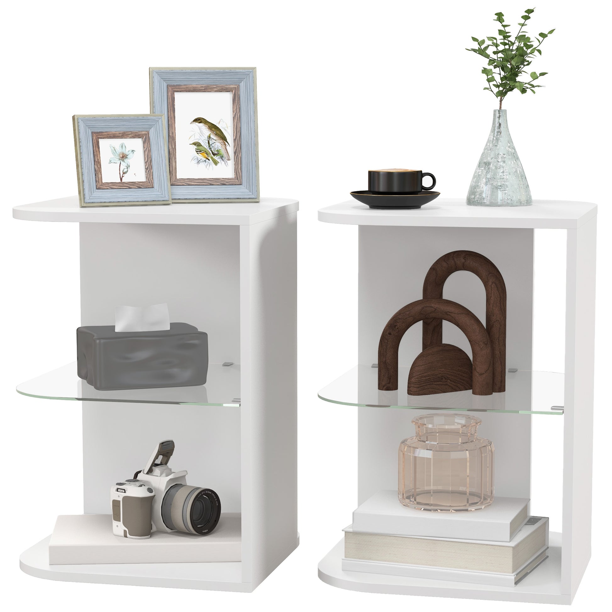 Photo of HOMCOM Modern Side Table Set of 2, Three Layer Bedside Table Nightstand with 2 Storage Shelves, for Living room, Bedroom, White in White colour on a white background