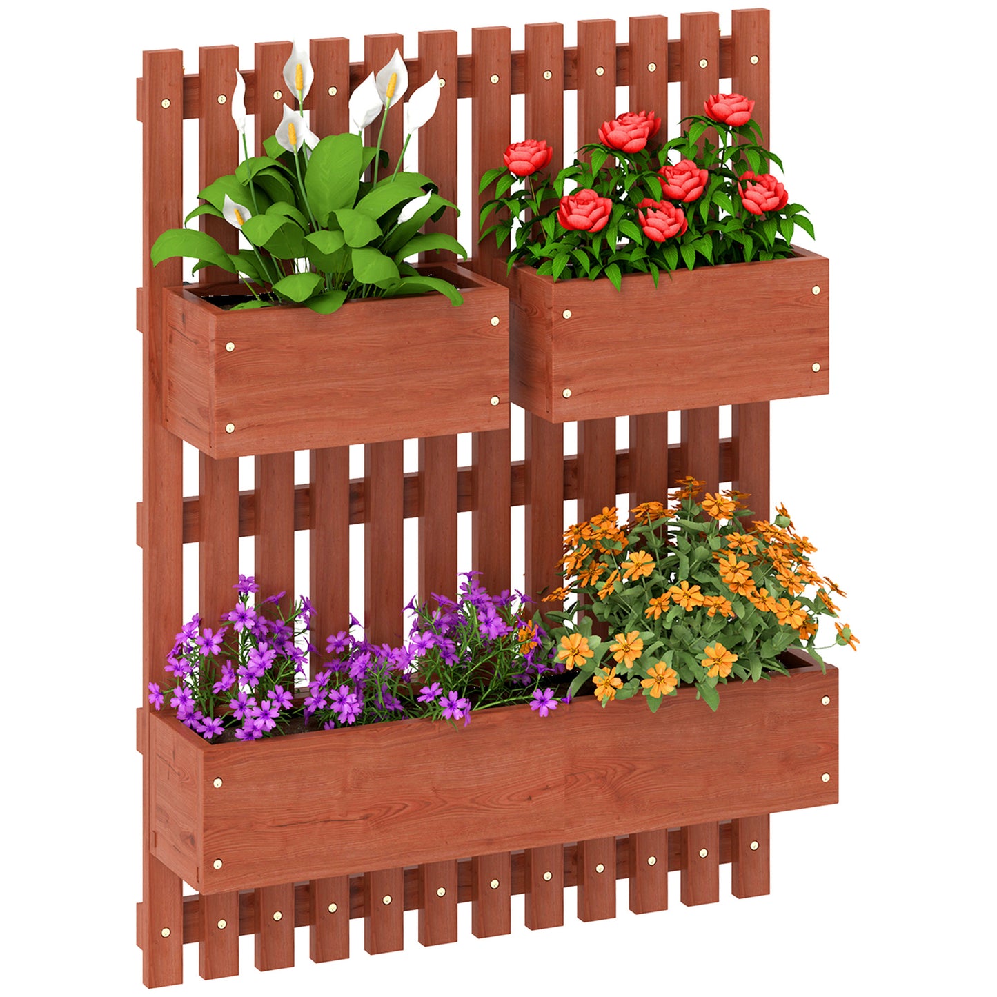 Photo of Outsunny Wall-mounted Wooden Garden Planters with Trellis, Drainage Holes and 3 Planter Boxes for Patio, Brown in Brown colour on a white background