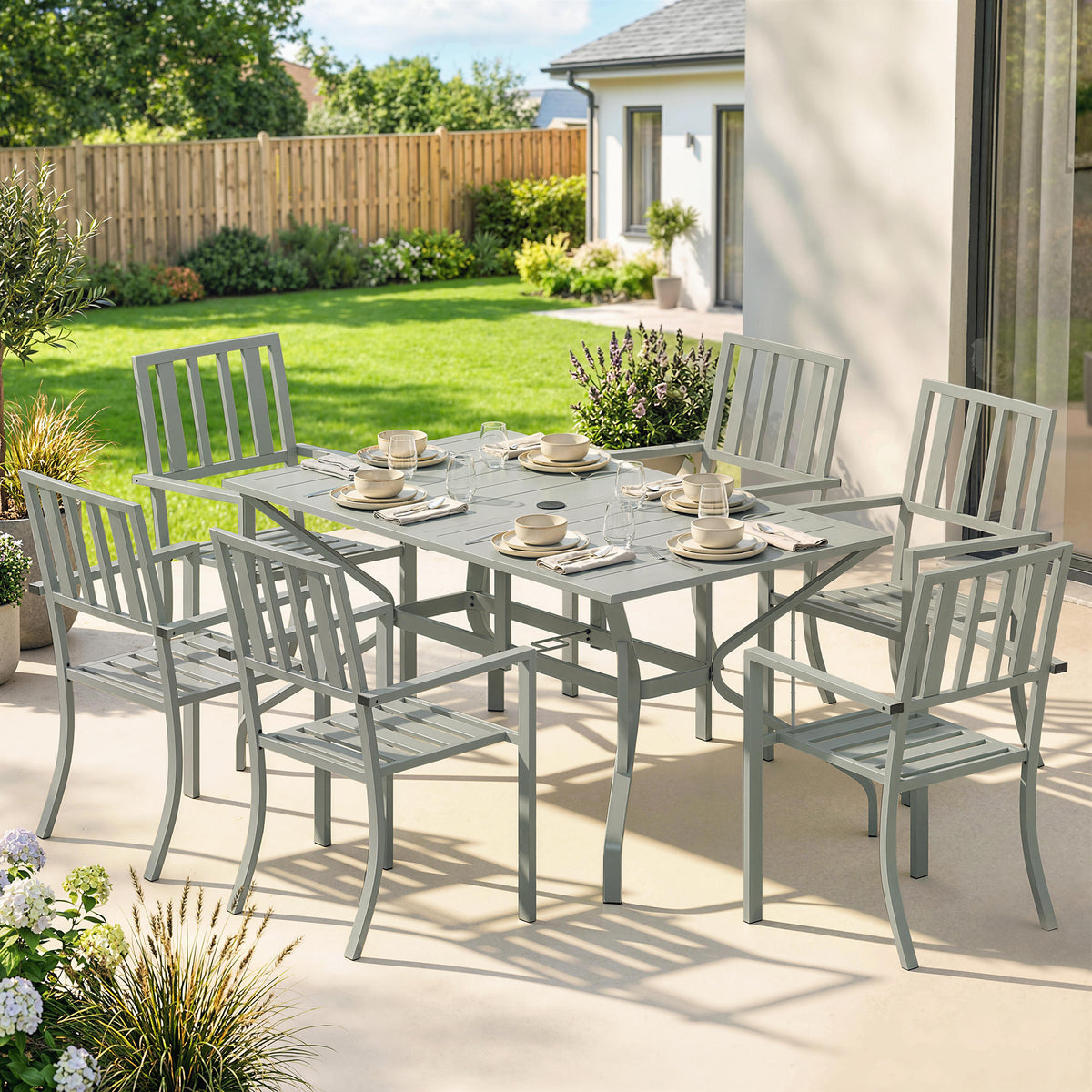 Outsunny 7 Pieces Garden Table and Chairs, 6 Seater Outdoor Table and Chairs with Umbrella Hole, for Garden, Light Grey