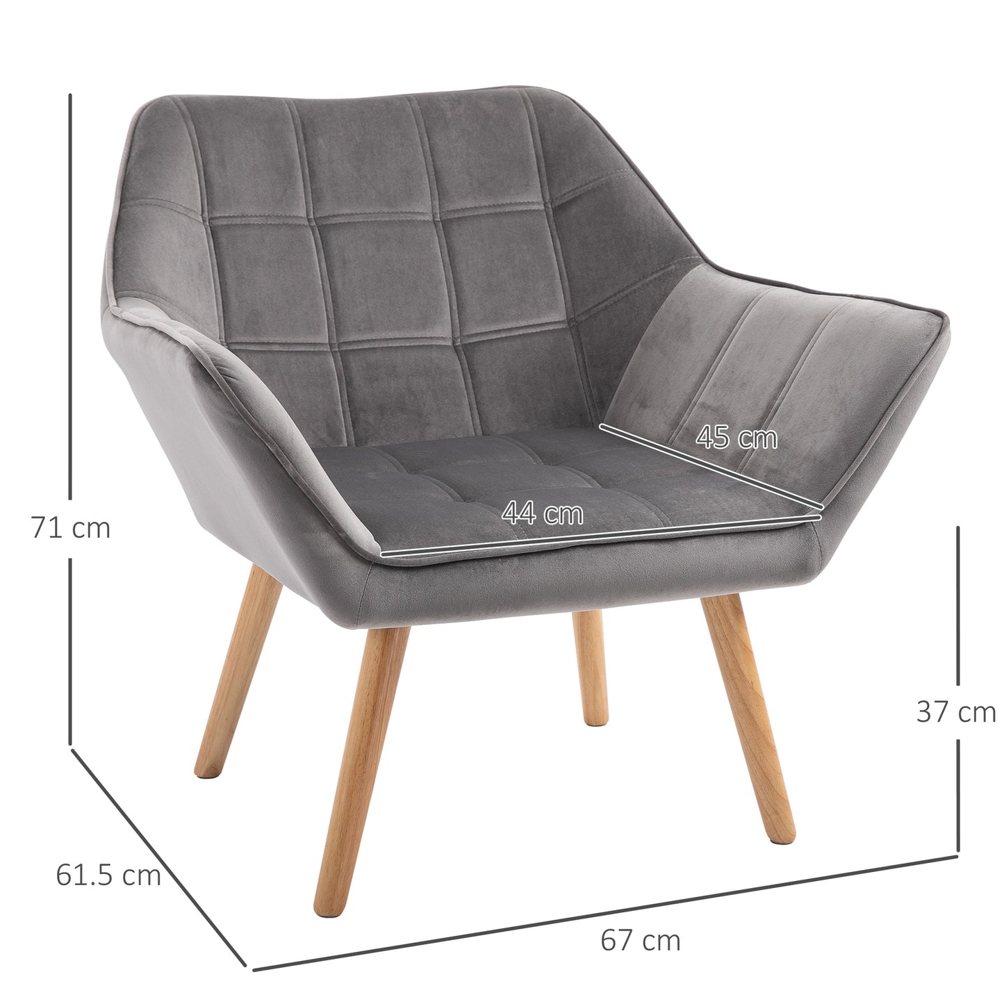 HOMCOM Accent Chair, Velvet Upholstered Vanity Tub Chair with Flared Armrests, Slanted Back, Solid Wood Legs, Comfy Padding Armchair, Home Bedroom Furniture Seating, Grey