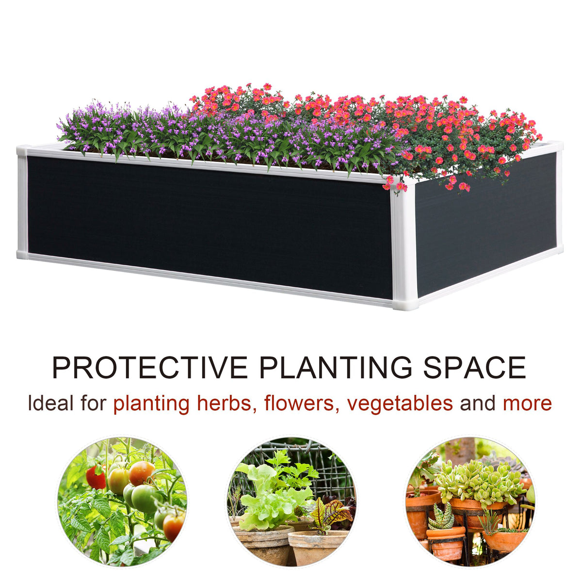 Outsunny raised garden bed with black panels and white trim, planted with colorful flowers