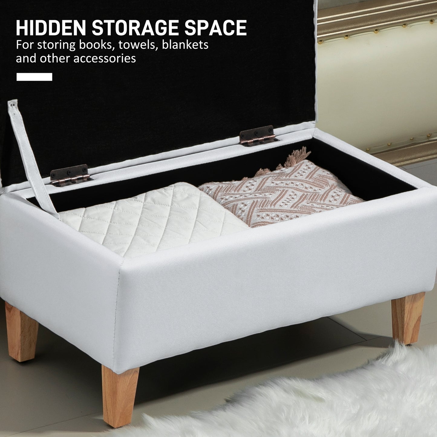 HOMCOM 30L Linen Storage Ottoman Padded Footstool with Rubberwood Legs for Storage Box, Bed End, Shoe Bench, Seating, Cream White