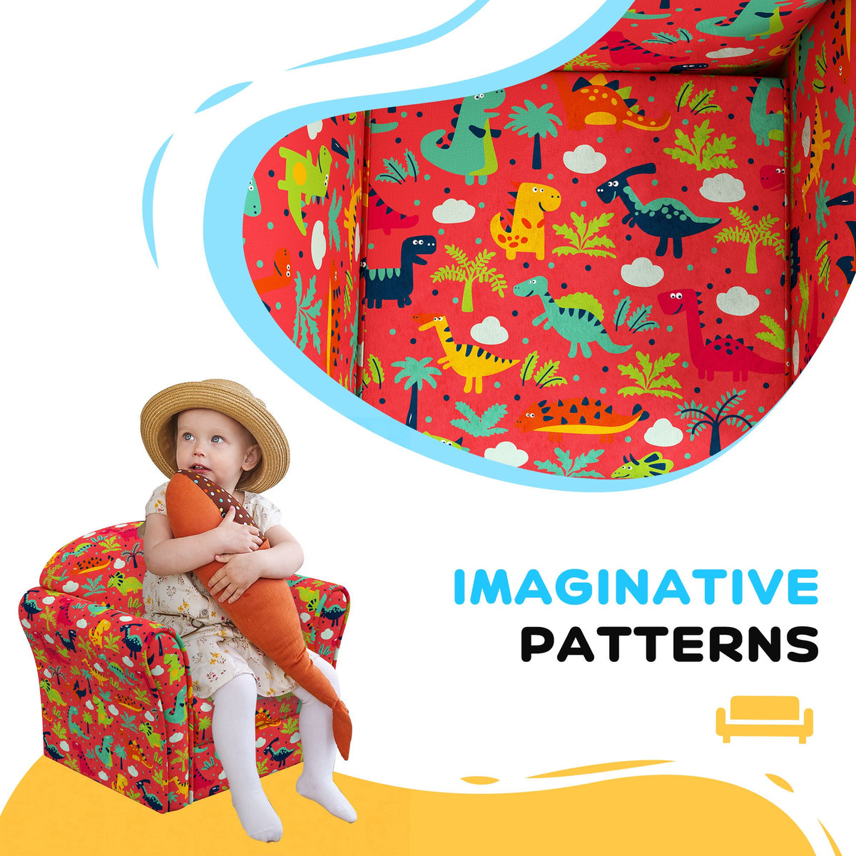 AIYAPLAY kids armchair with colorful dinosaur print, shown with a child seated