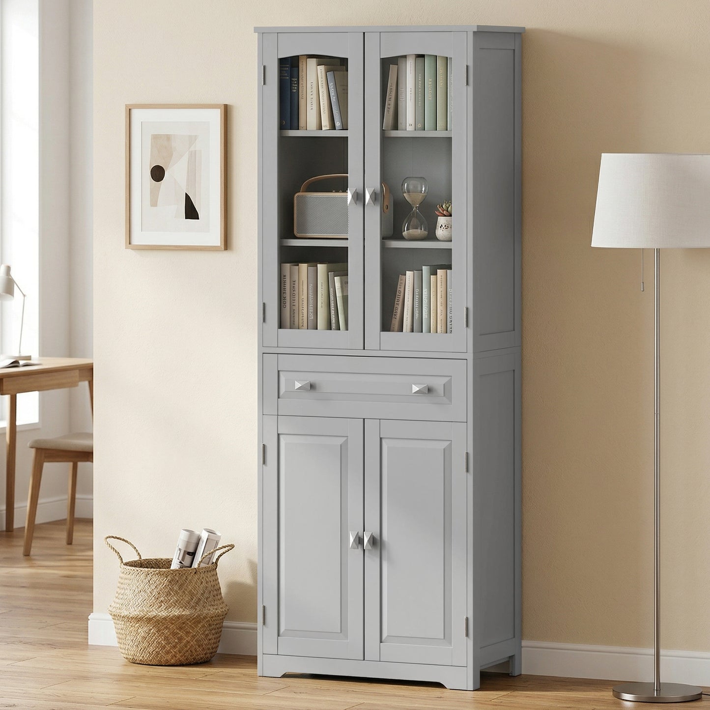 HOMCOM Freestanding Kitchen Cupboard, Storage Cabinet with 2 Adjustable Shelves, Drawer and Glass Door for Living Room, Grey