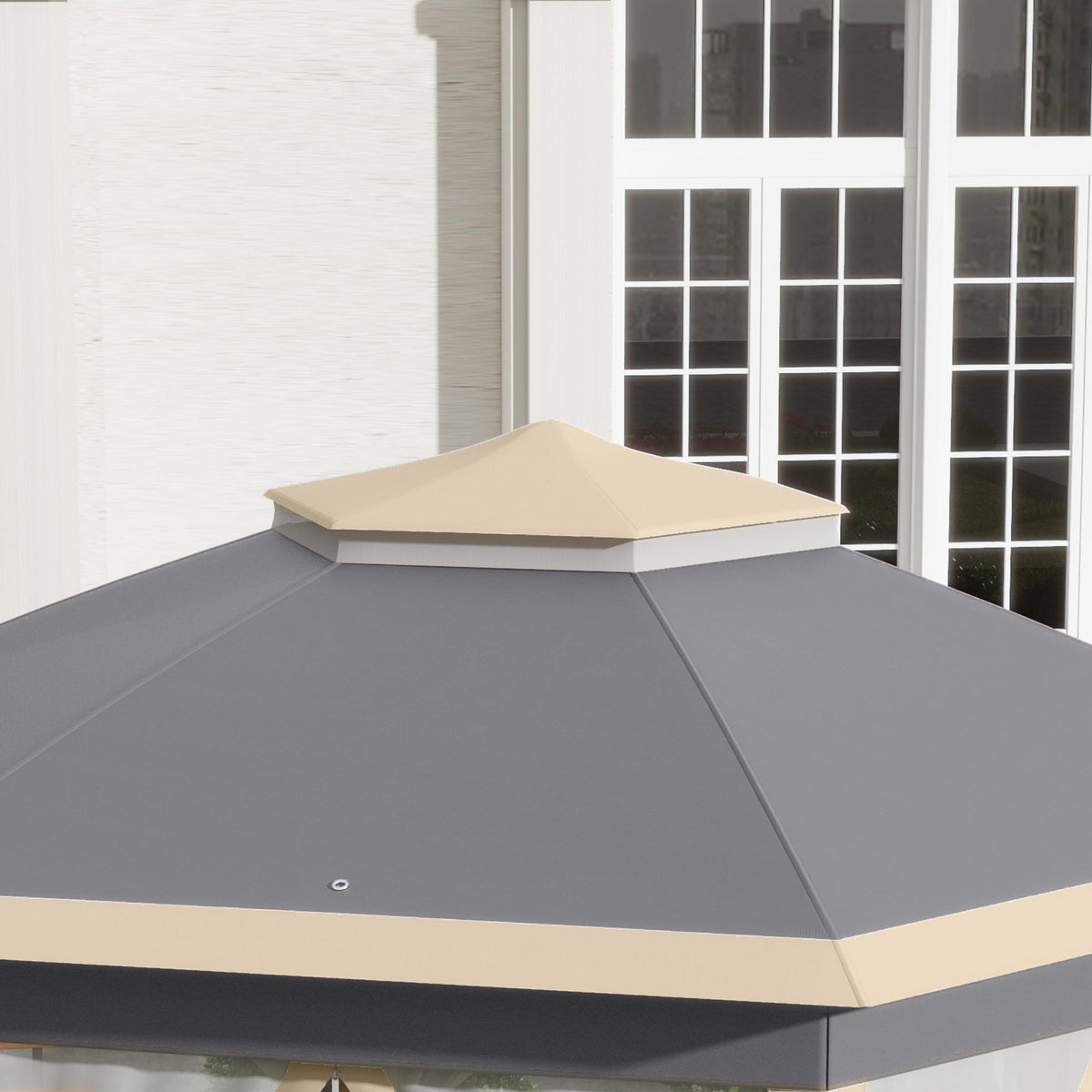 Close-up of gazebo's raised double roof and roof panels