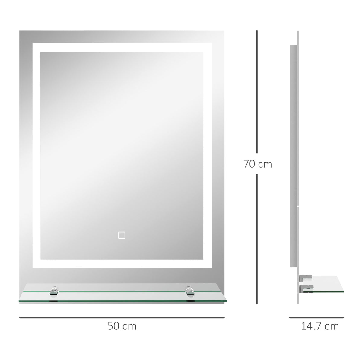 LED bathroom mirror with glass shelf, shown with 50 cm width, 70 cm height and 14.7 cm depth