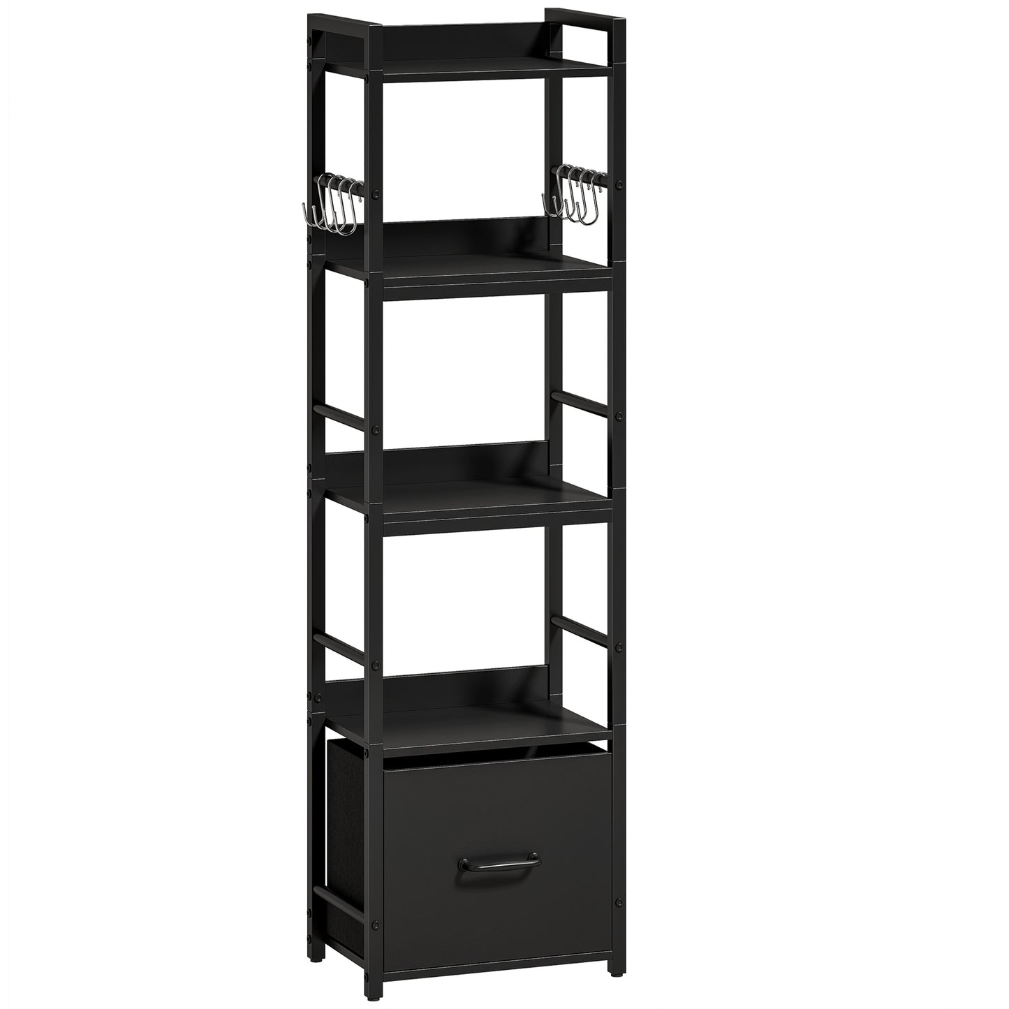 Photo of HOMCOM 4-Tier Bookshelf, Narrow Bookcase with Drawer, 8 Hooks, Metal Frame, Black in Black colour on a white background
