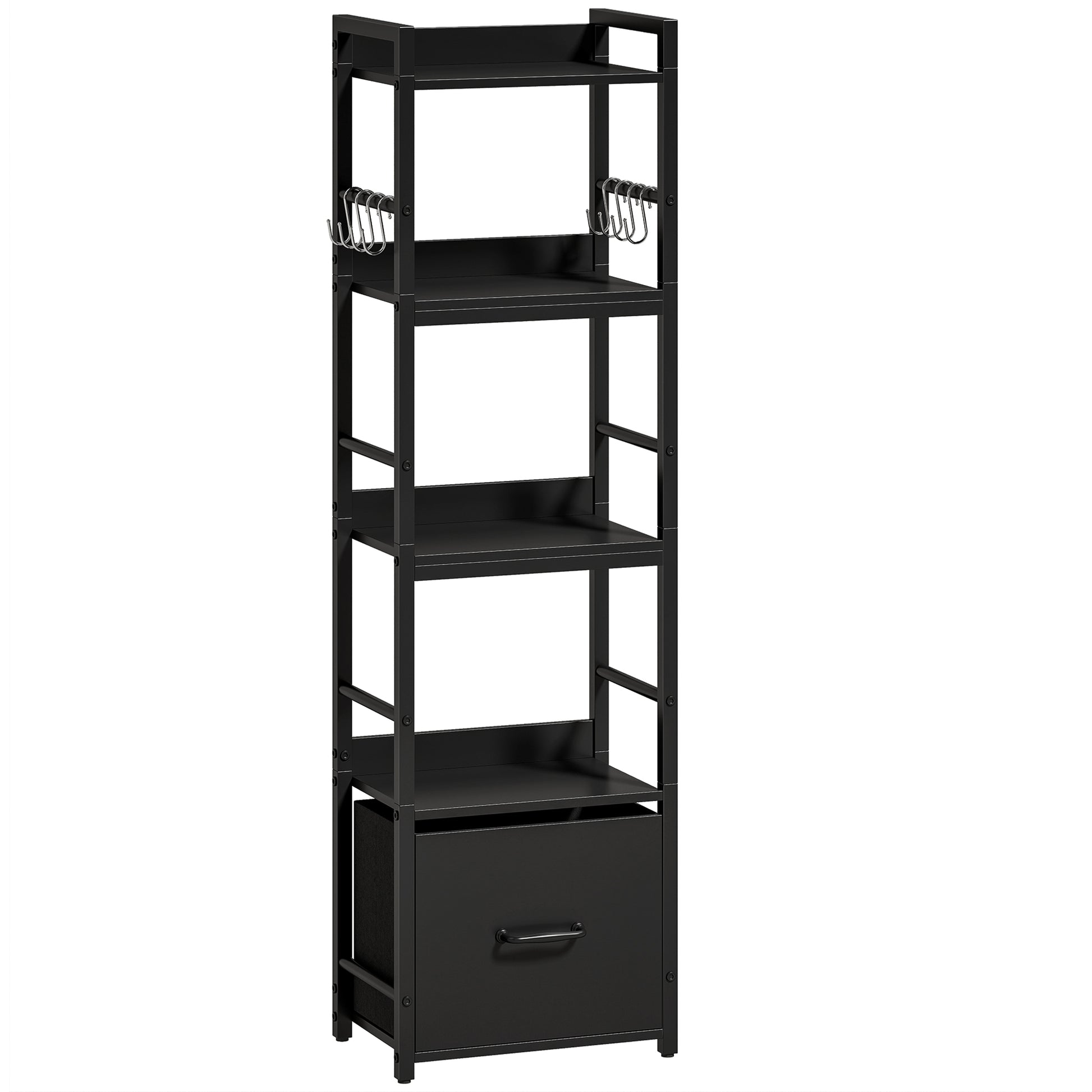 Photo of HOMCOM 4-Tier Bookshelf, Narrow Bookcase with Drawer, 8 Hooks, Metal Frame, Black in Black colour on a white background