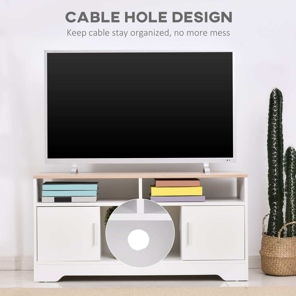 White TV stand with wood-look top, open shelves, two cabinets, and a central cable hole.