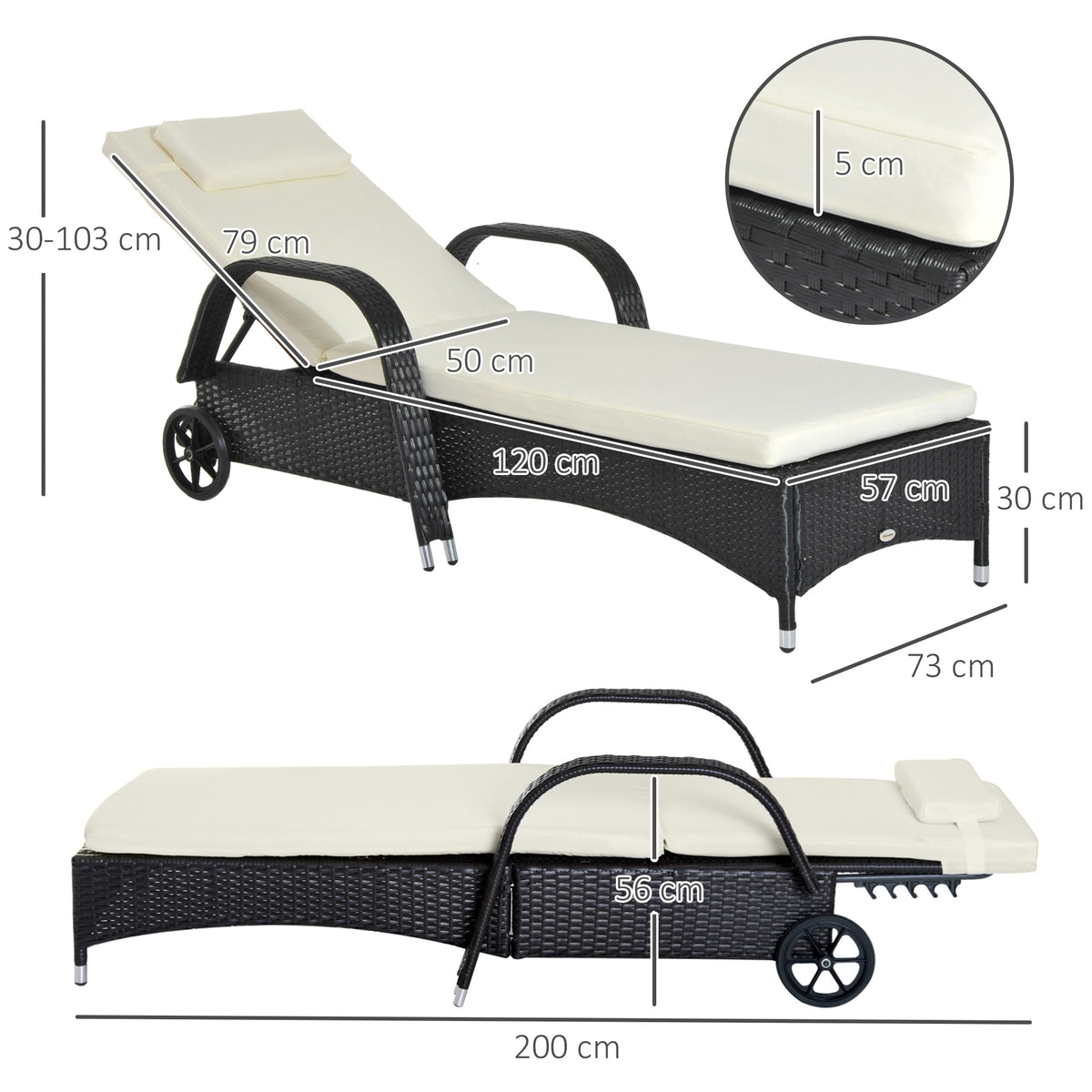 Outsunny rattan sun lounger shown with adjustable backrest and dimensions