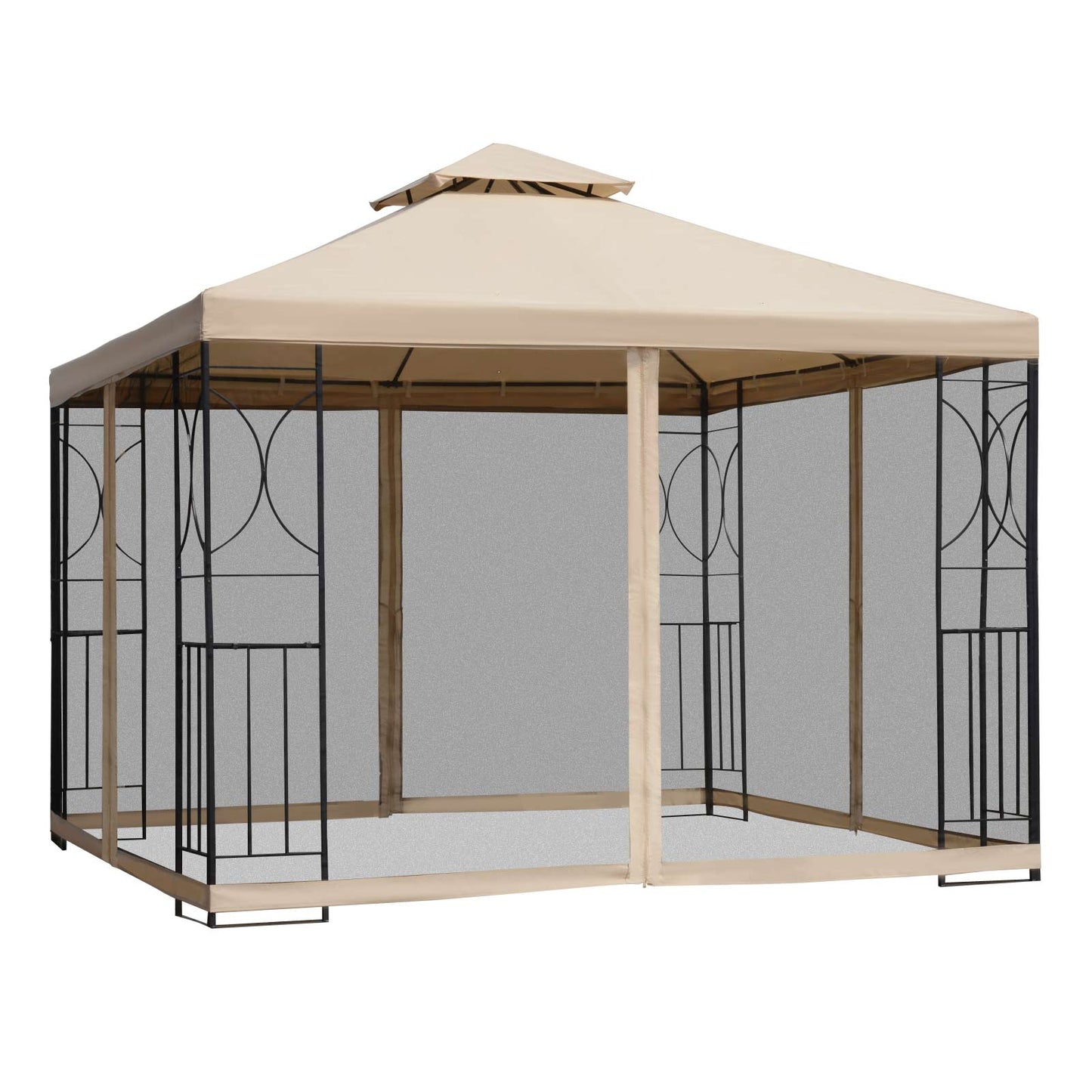 Photo of Outsunny 3(m) x 3(m) Garden Gazebo, Double Roof Outdoor Gazebo Canopy Shelter with Netting, Solid Steel Frame for Garden, Lawn, Backyard and Deck in Deck colour on a white background