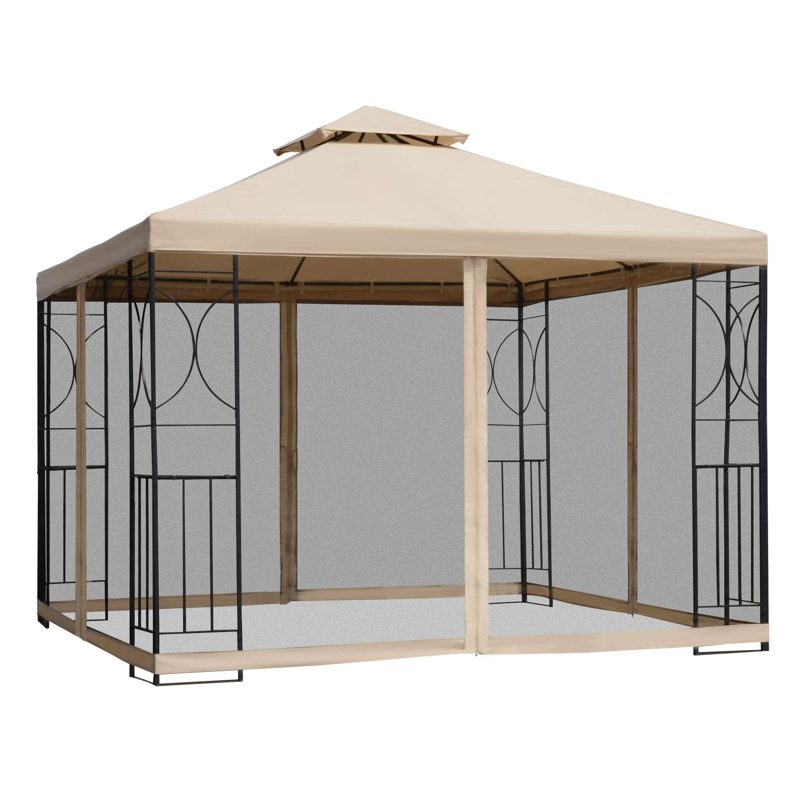 Photo of Outsunny 3(m) x 3(m) Garden Gazebo, Double Roof Outdoor Gazebo Canopy Shelter with Netting, Solid Steel Frame for Garden, Lawn, Backyard and Deck in Deck colour on a white background