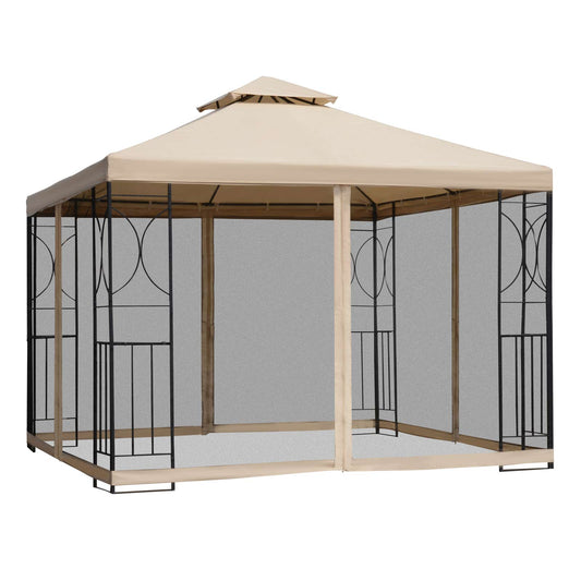 Photo of Outsunny 3(m) x 3(m) Garden Gazebo, Double Roof Outdoor Gazebo Canopy Shelter with Netting, Solid Steel Frame for Garden, Lawn, Backyard and Deck in Deck colour on a white background