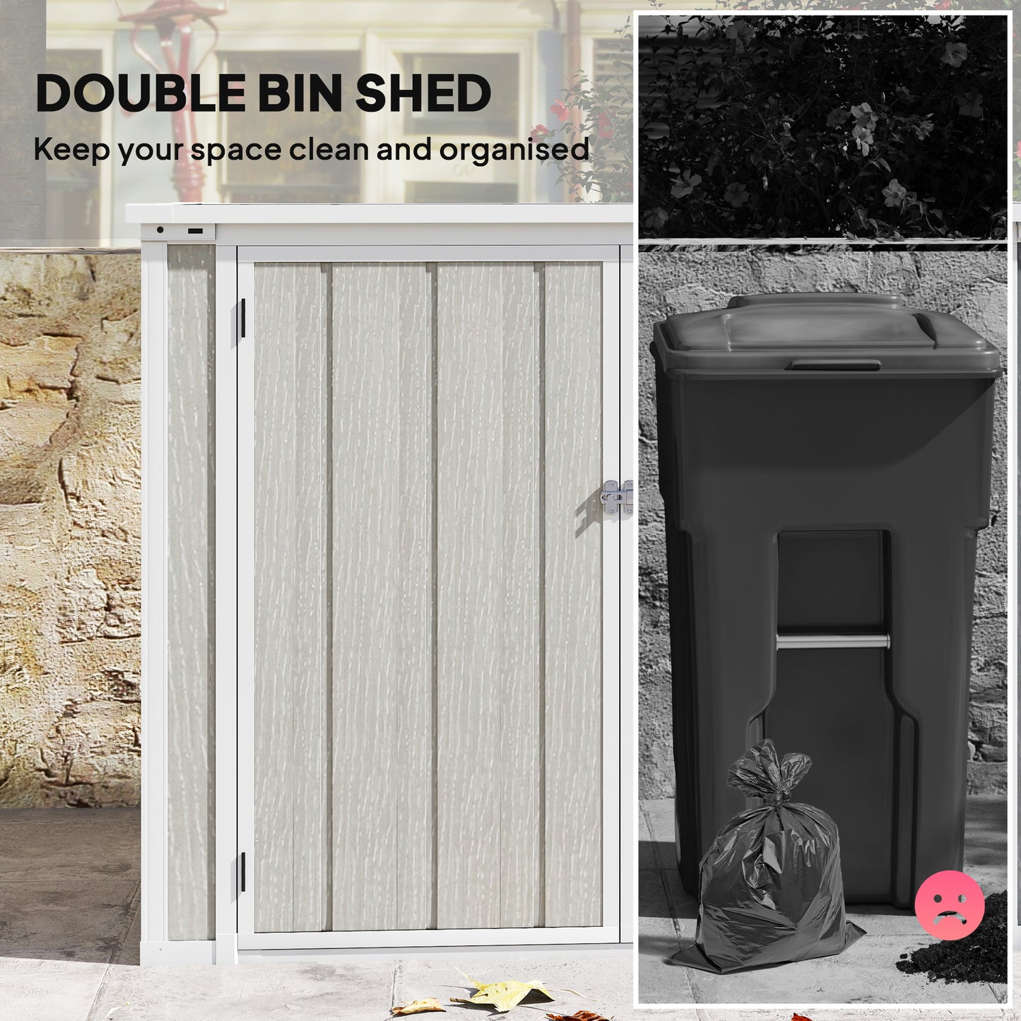 Outsunny 4.7 x 2.5FT Garden Shed, Double Bin Storage Shed with Lockable Doors, Outdoor Small Shed with Openable Lid for 2 Trash Cans, Garden Tools, Light Grey