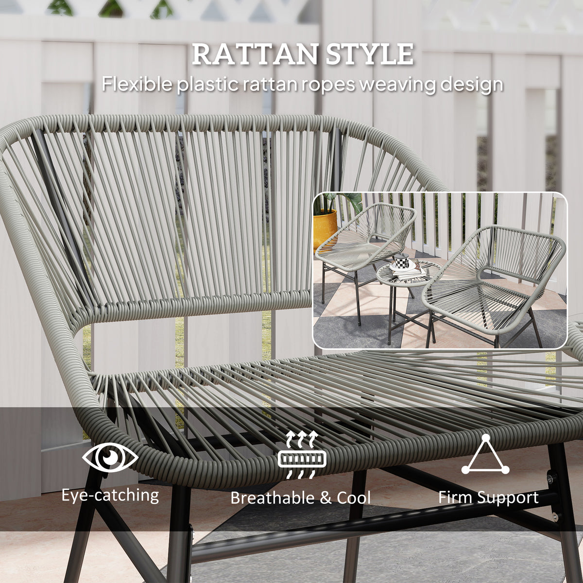 Outsunny 3 Pieces Rattan Bistro Set, Wicker Small Garden Table and Chairs Set with Cushions and Glass Top Coffee Table, Bistro Garden Furniture Set for Outdoor, Patio, Balcony, Light Grey
