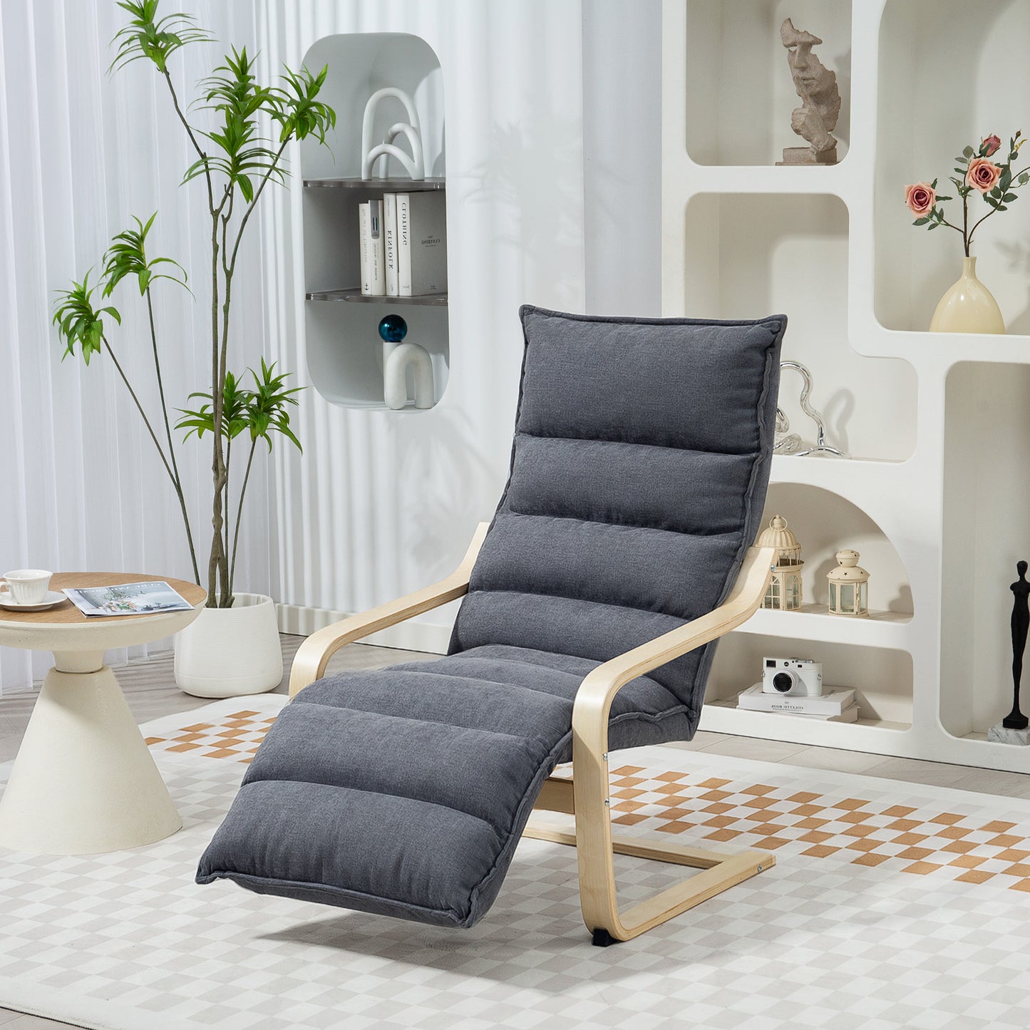 HOMCOM Curved Wooden Accent Chair, with Adjustable Footrest - Drak Grey