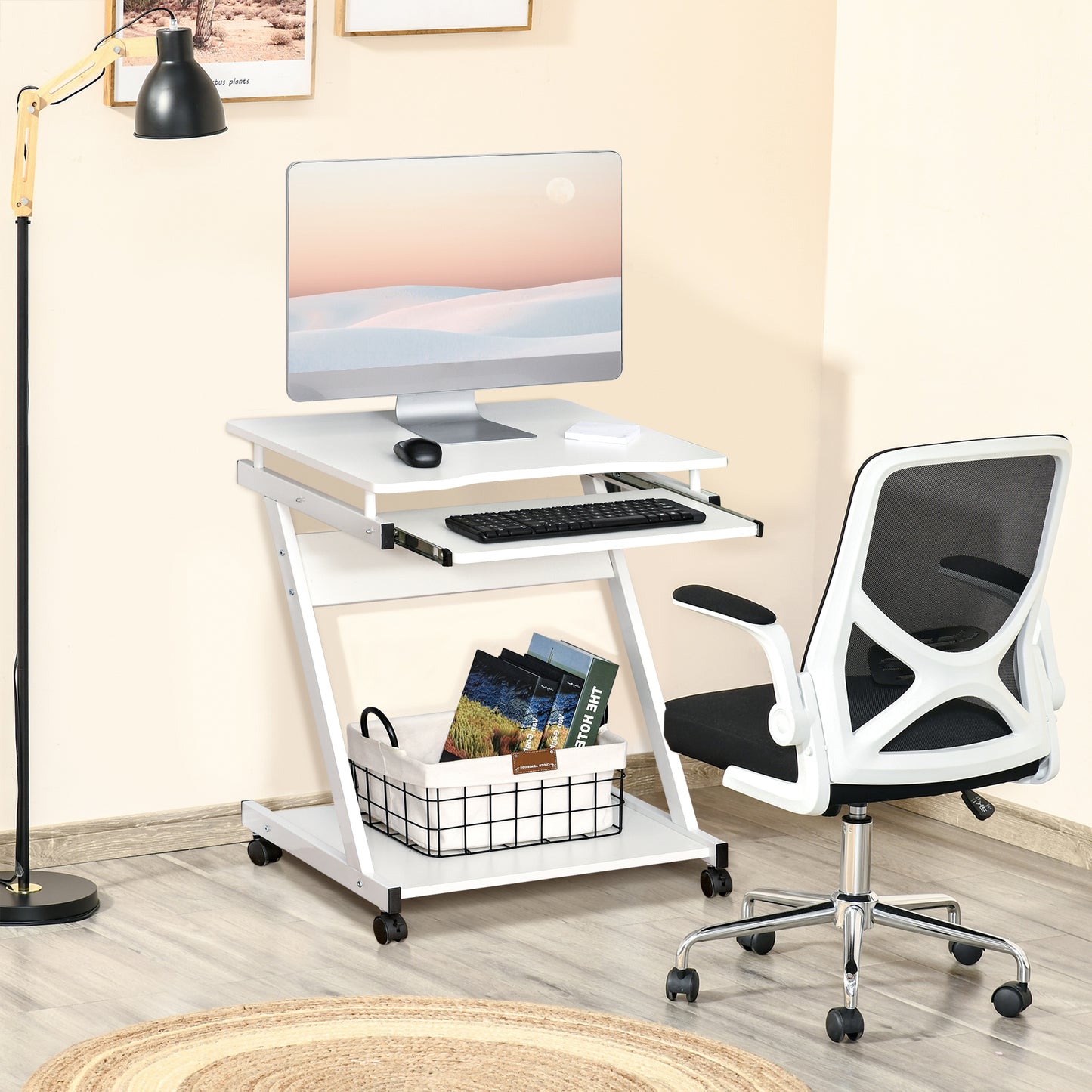 HOMCOM Movable Computer Desk with 4 Moving Wheels and Keyboard Tray White