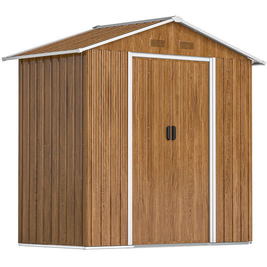 Photo of Outsunny 6.5 x 3.5ft Metal Garden Storage Shed - Brown Wood Effect in Effect colour on a white background
