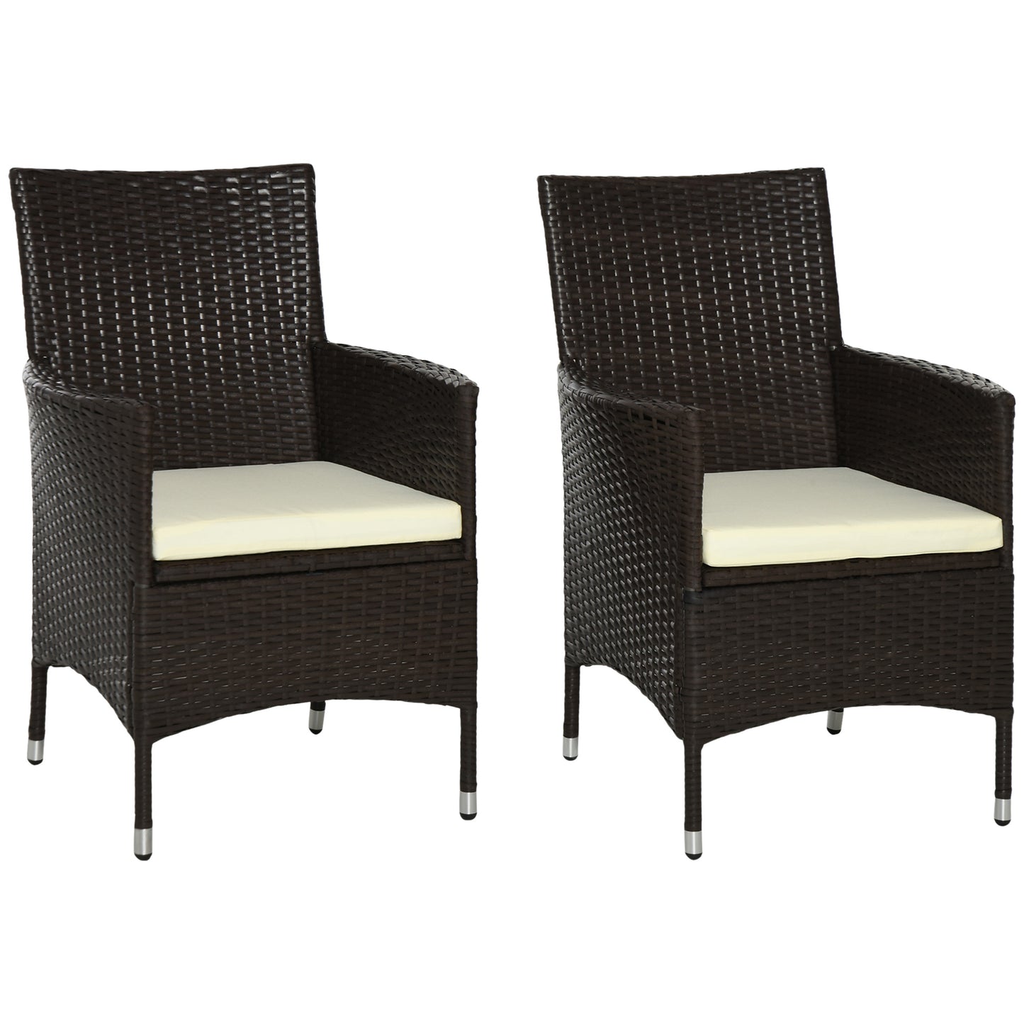 Photo of Outsunny 2 Pieces Outdoor PE Rattan Dining Chairs Set with Cushion, Garden Armchair with Armrests, High Backrest, Metal Frame Patio Wicker Furniture, Coffee in Coffee colour on a white background