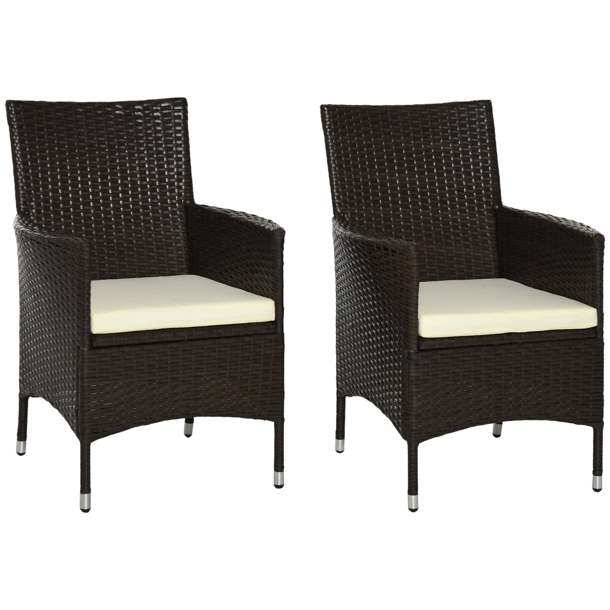 Photo of Outsunny 2 Pieces Outdoor PE Rattan Dining Chairs Set with Cushion, Garden Armchair with Armrests, High Backrest, Metal Frame Patio Wicker Furniture, Coffee in Coffee colour on a white background