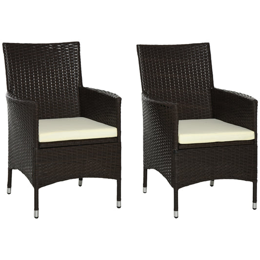 Photo of Outsunny 2 Pieces Outdoor PE Rattan Dining Chairs Set with Cushion, Garden Armchair with Armrests, High Backrest, Metal Frame Patio Wicker Furniture, Coffee in Coffee colour on a white background
