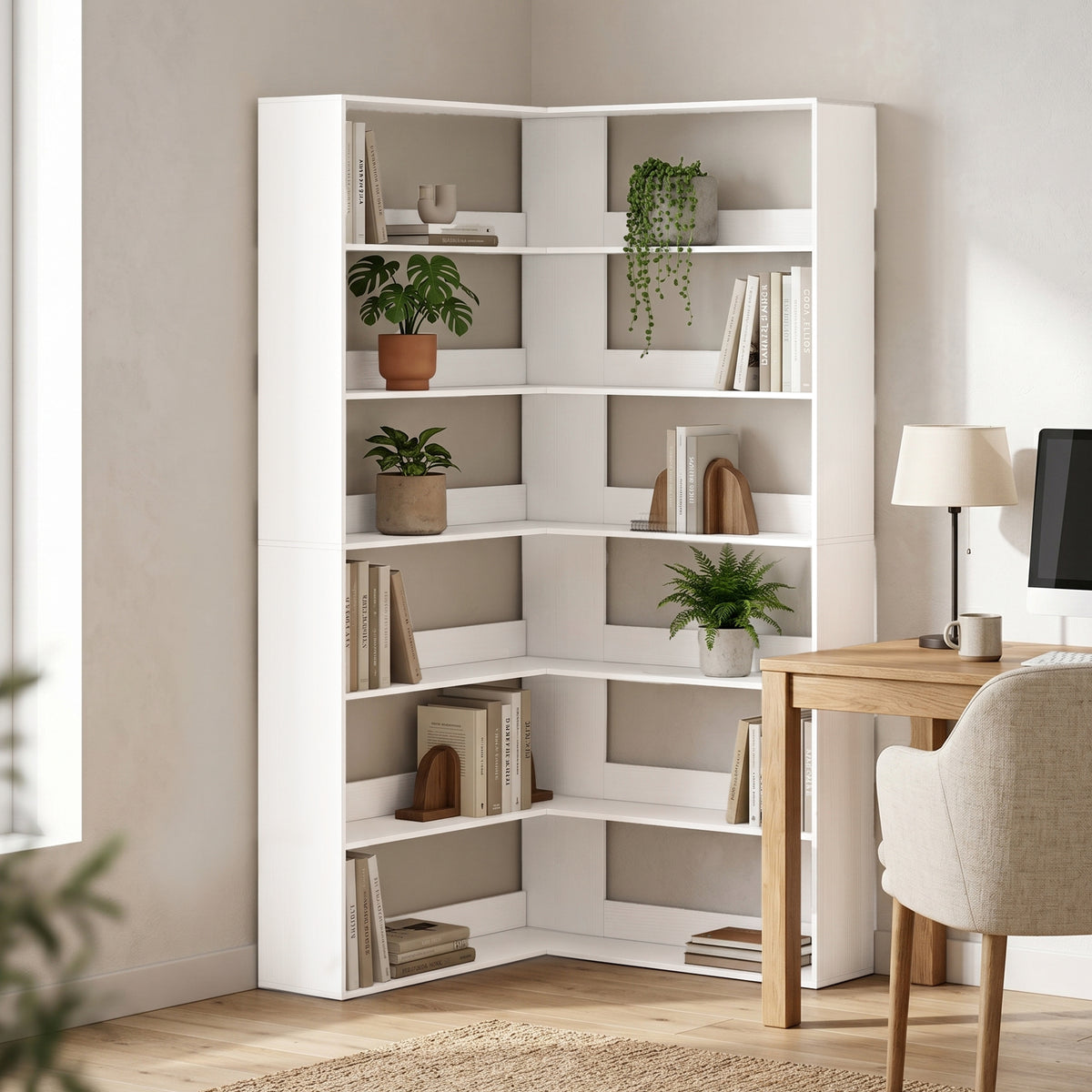 HOMCOM 7 Tiers Bookshelf, L-Shaped Corner Bookcase with Anti-Slip Rear Guard, White Wood Effect