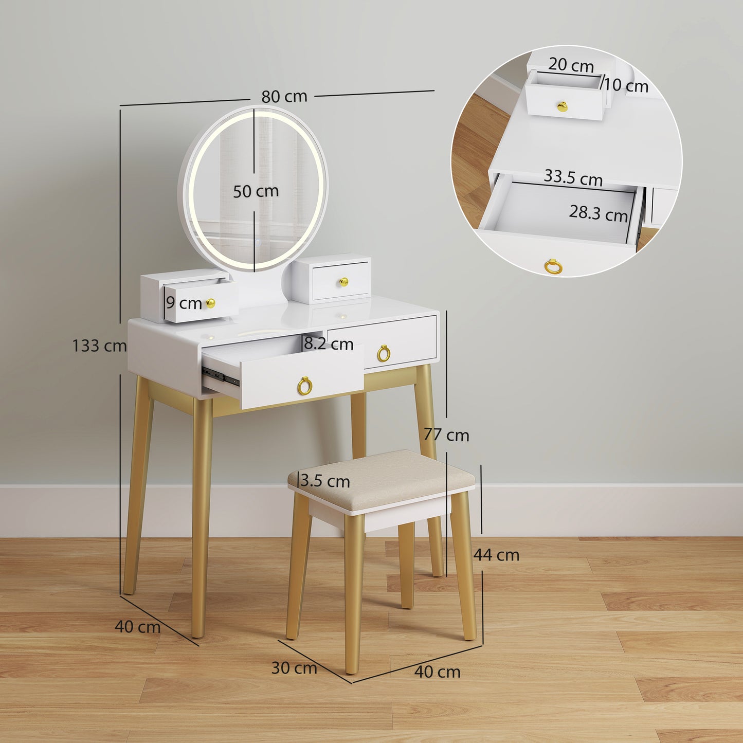 HOMCOM Dressing Table Set with Mirror, Built-in 3 Color LED Light, Vanity Makeup Table with 4 Drawers and Cushioned Stool for Bedroom, White