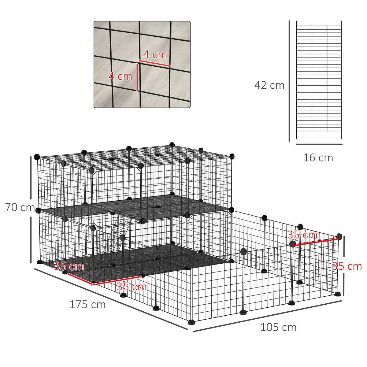 Black metal mesh pet playpen with shelves, ladder, and dimensions of 175 x 105 x 70 cm.