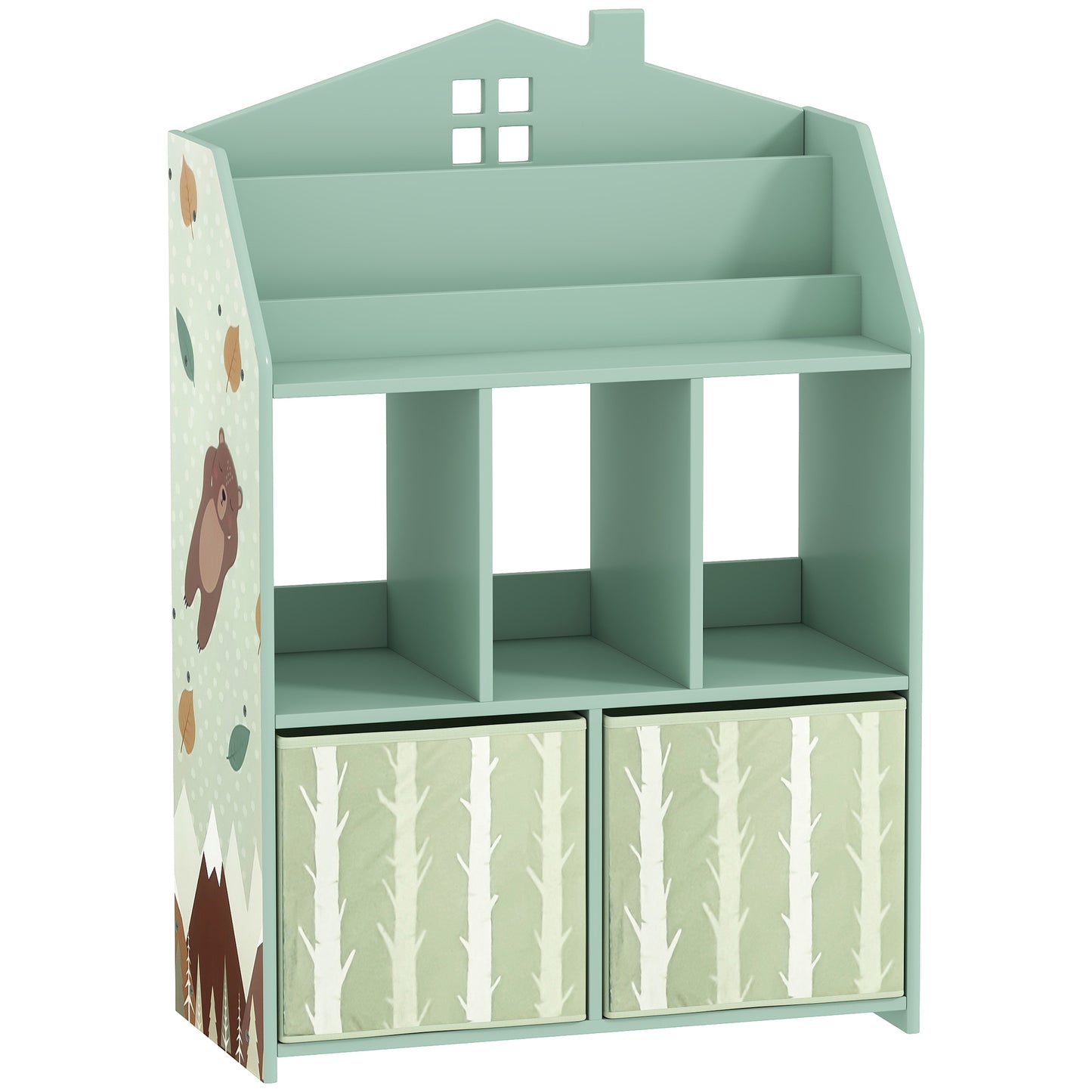 Photo of AIYAPLAY Kids Bookshelf with Storage, Toy Storage Unit with Book Display, Shelves and Fabric Drawers for Playroom Nursery, Green in Green colour on a white background