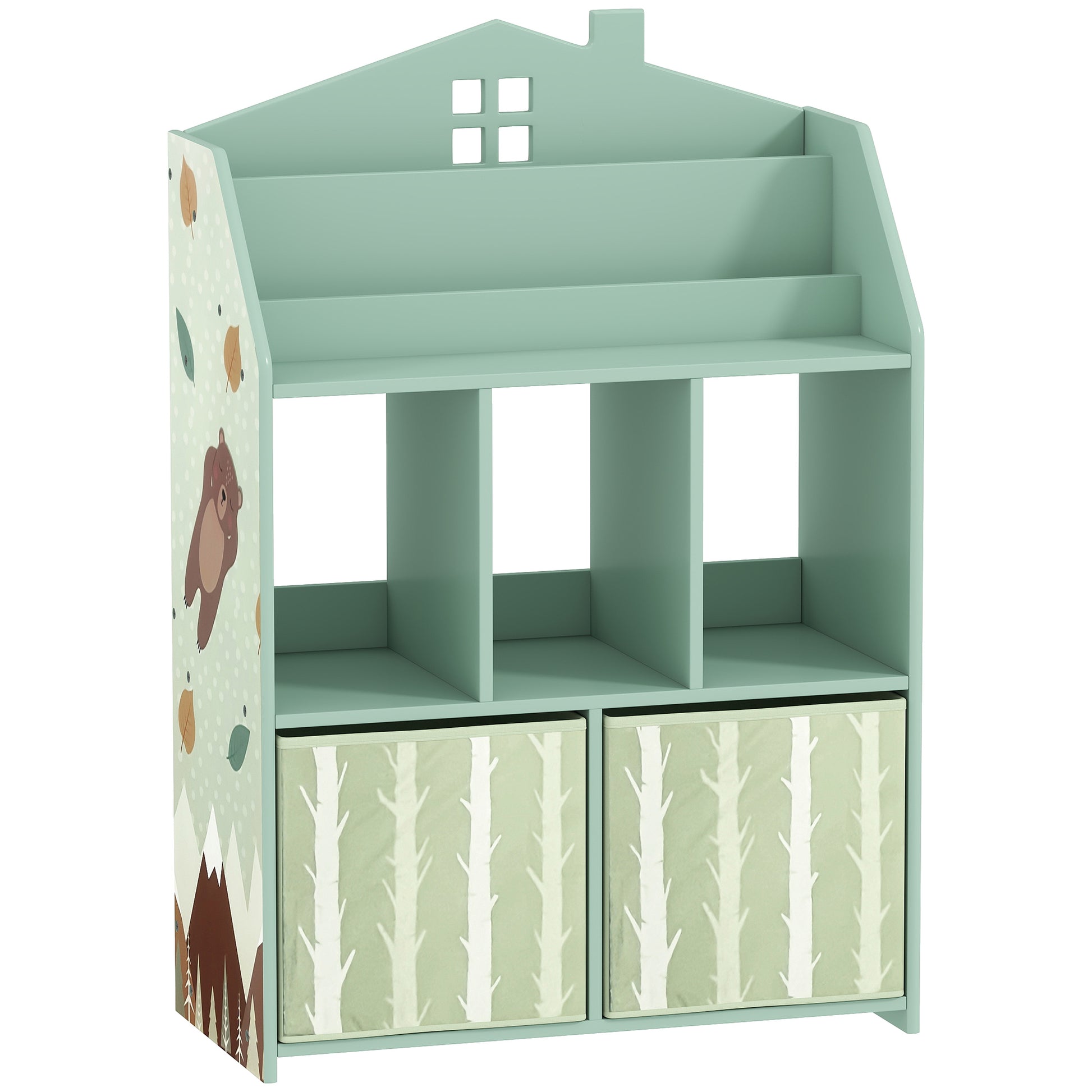 Photo of AIYAPLAY Kids Bookshelf with Storage, Toy Storage Unit with Book Display, Shelves and Fabric Drawers for Playroom Nursery, Green in Green colour on a white background