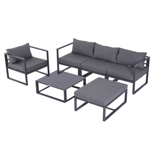 Photo of Outsunny 6 PCs Outdoor Indoor Sectional Sofa Set Thick Padded Cushions Aluminium Frame 5 Seaters 1 Coffee Table Footrest Grey in Grey colour on a white background