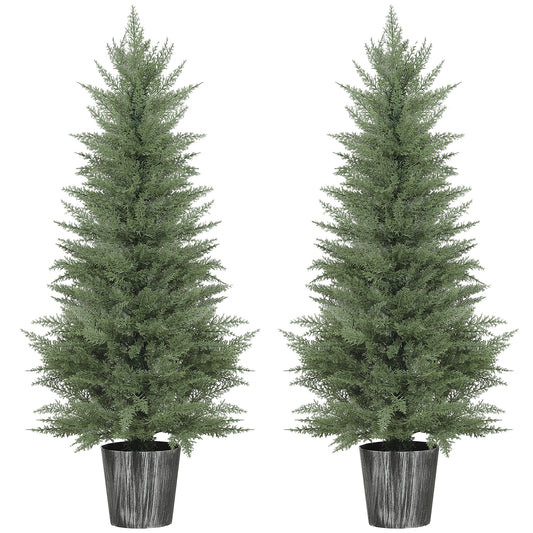 Photo of HOMCOM 135cm Artificial Cypress Trees Set of 2, UV Resistant Artificial Plants with Decorative Pot, Fake Plants for Indoor Outdoor Decor, Green in Green colour on a white background